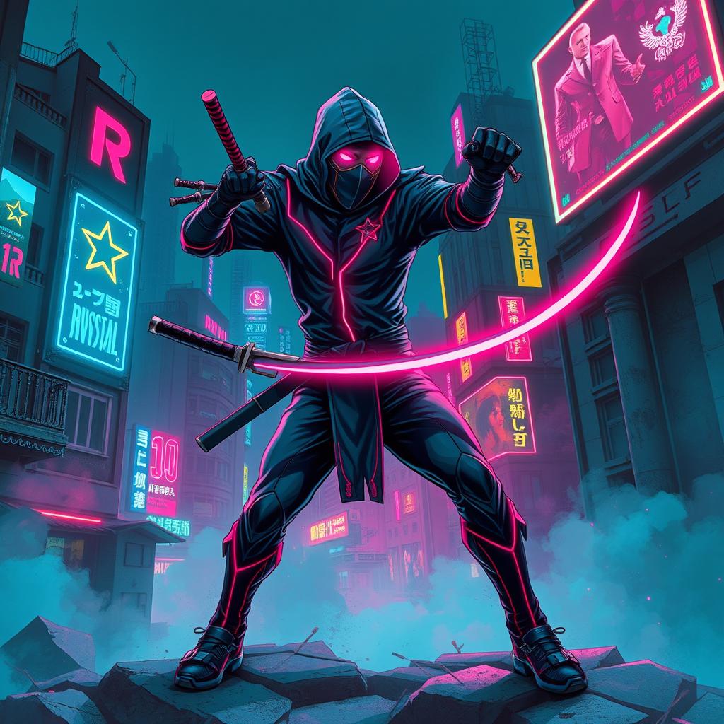 A dynamic and striking drawing of a post-Soviet neon ninja, featuring a lithe figure wearing a sleek, high-tech ninja suit adorned with bright neon accents