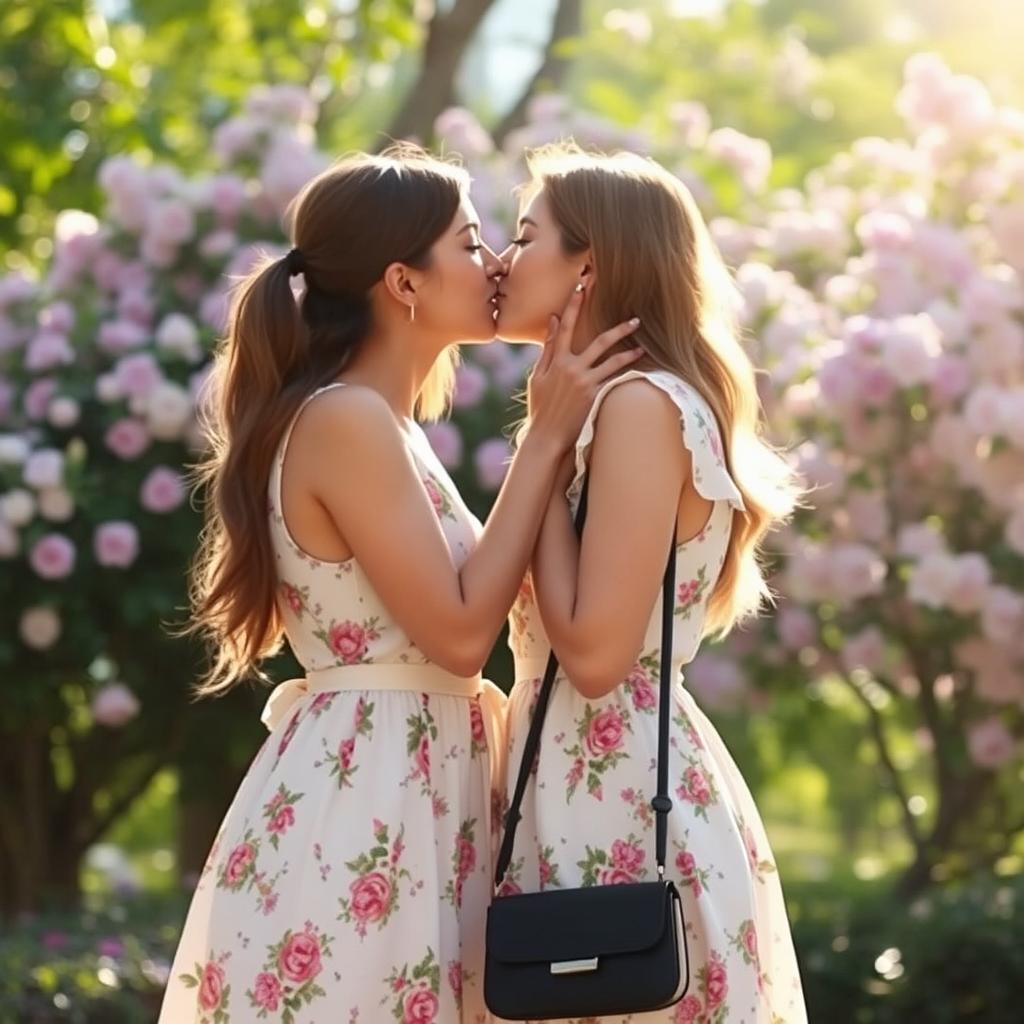 A romantic scene featuring two young women in matching outfits, sharing a tender kiss