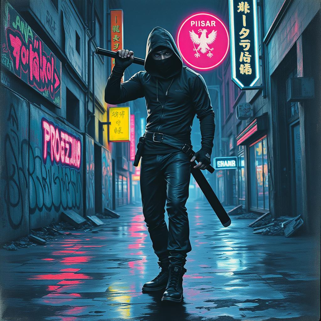 A striking charcoal drawing of a post-Soviet ninja standing in an urban environment illuminated by vibrant neon lights