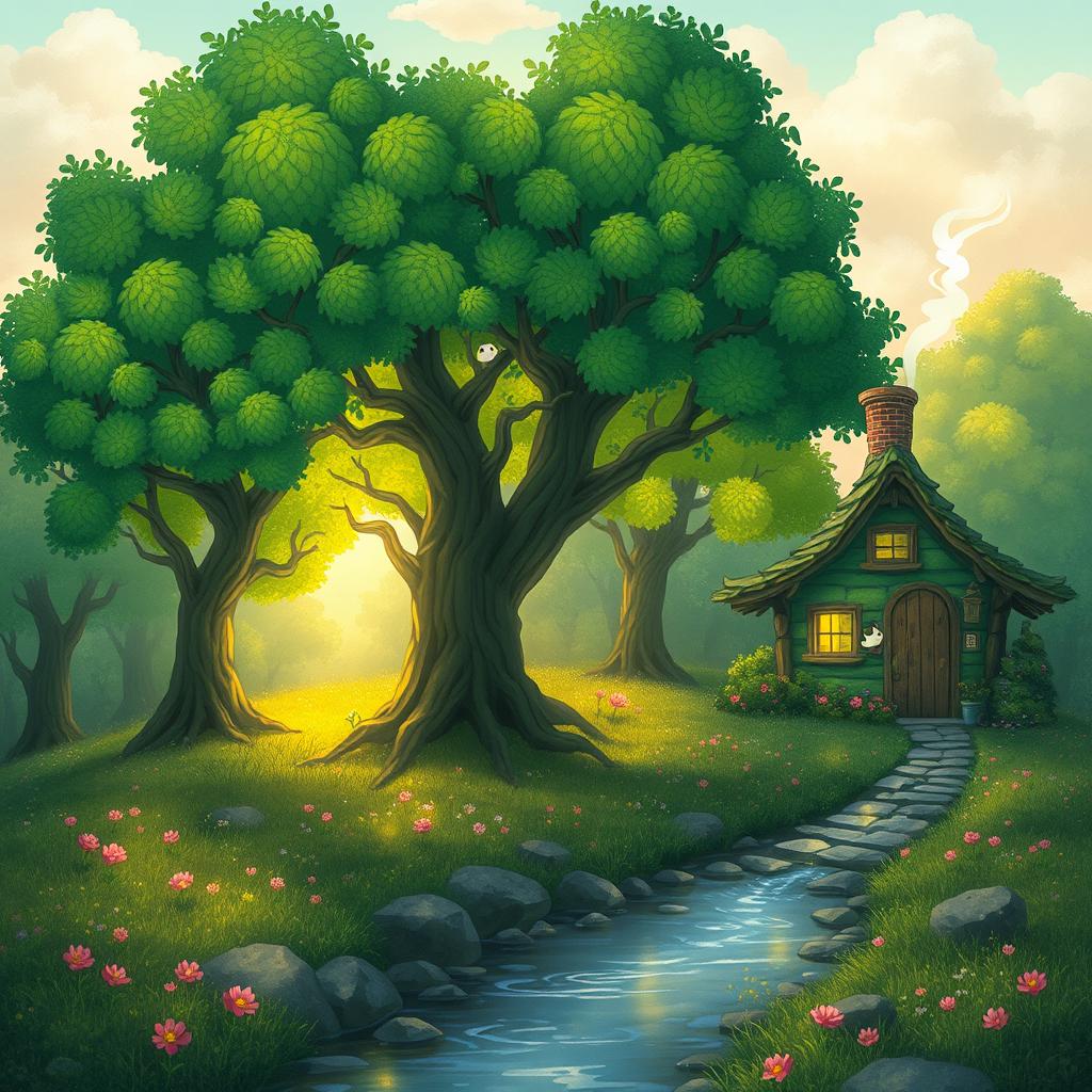 A whimsical forest scene reminiscent of Studio Ghibli, featuring vibrant green trees with intricate leaf patterns, soft glowing light filtering through the branches, and cute magical creatures peeking from behind the trunks