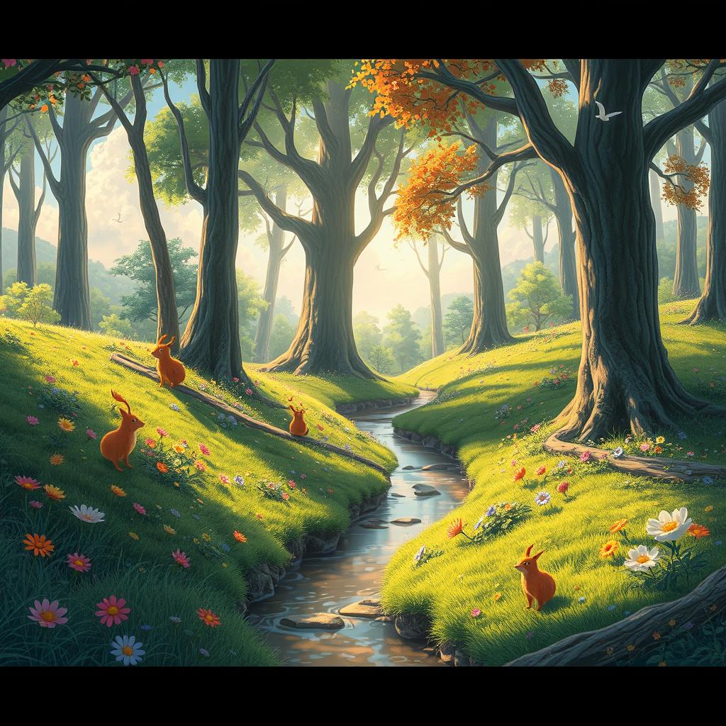 A whimsical and enchanting forest scene inspired by Studio Ghibli films, featuring vibrant colors and fantastical creatures like spirits and small animal friends