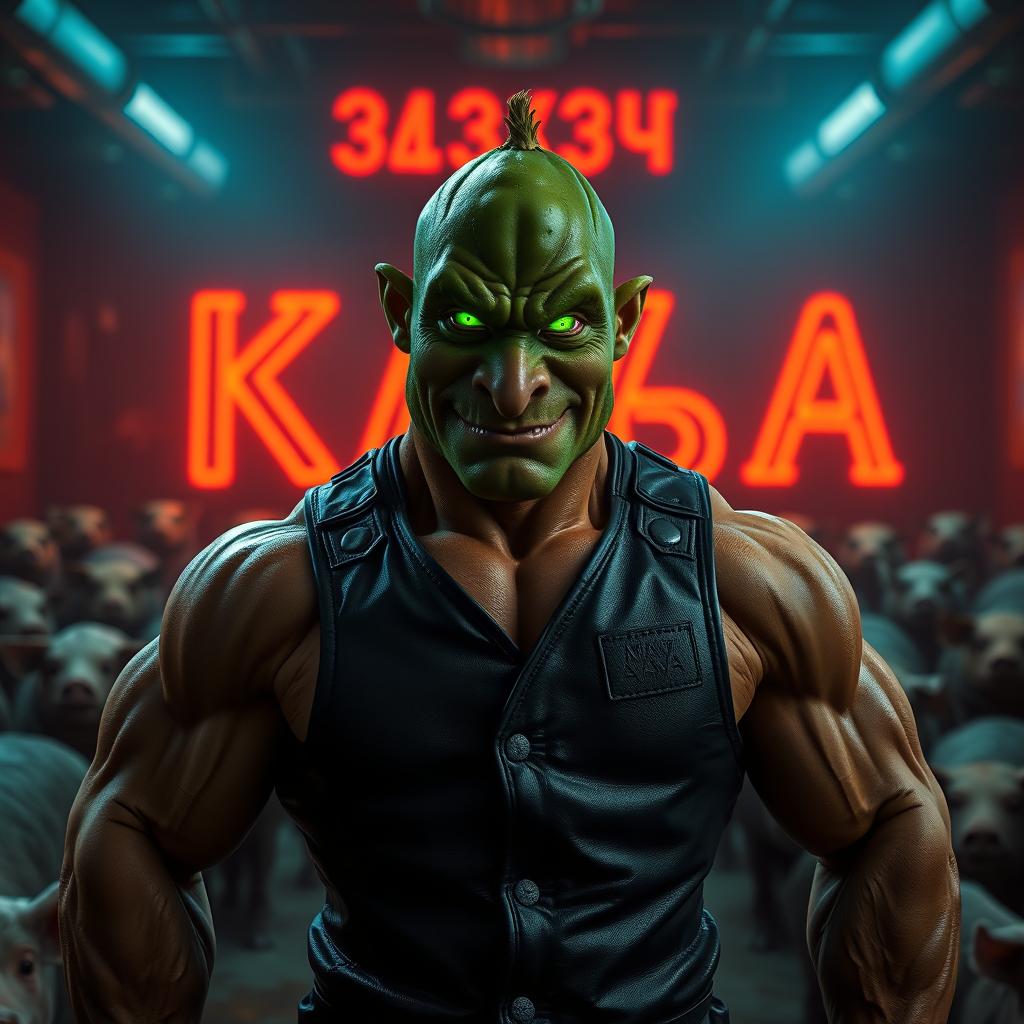 Hyper-detailed cinematic portrait of a JACKED PICKLE (cornichon) with muscular arms, wearing a black leather vest, standing in a dark gym full of aggressive pigs