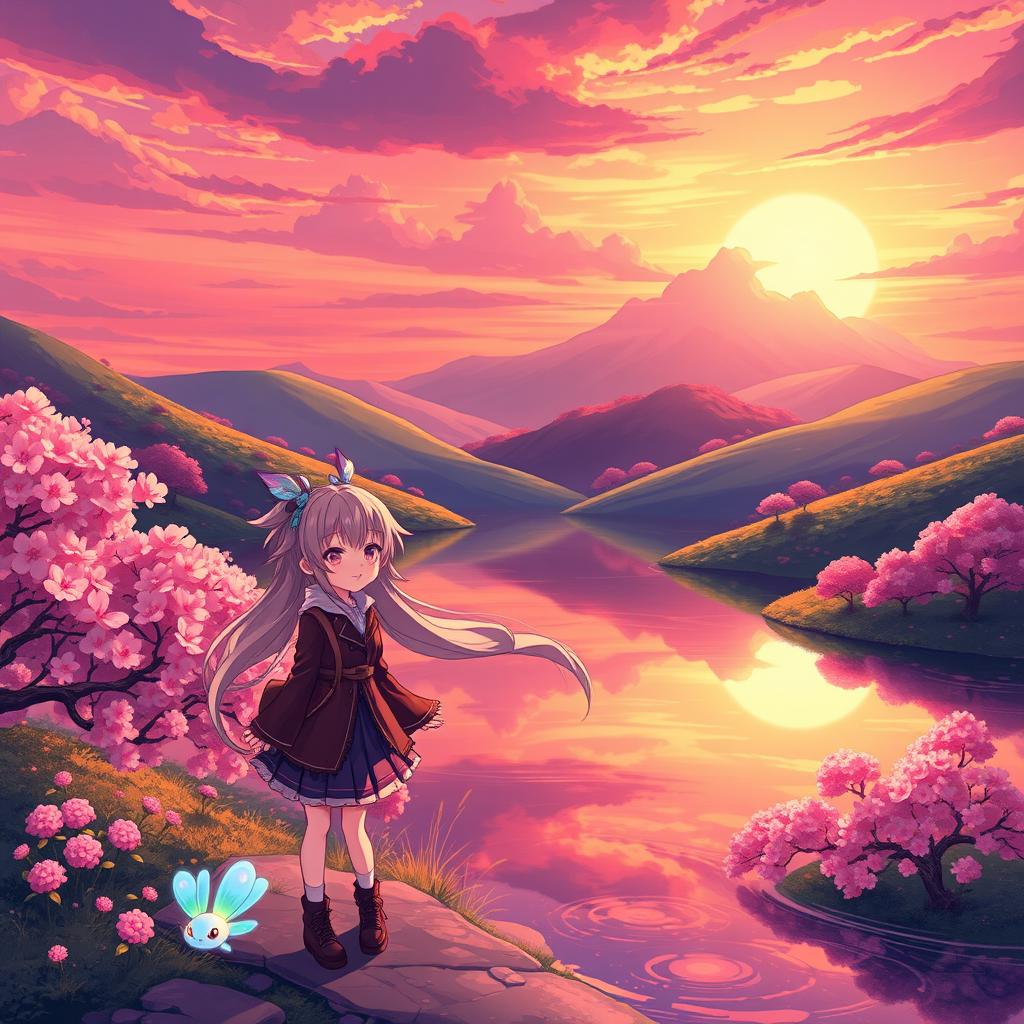 An anime-style illustration of a vibrant and lush fantasy landscape, featuring a serene lake surrounded by colorful cherry blossom trees and rolling green hills