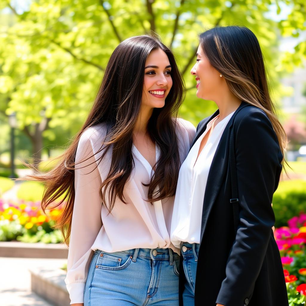 A beautiful woman standing next to me, smiling and engaging in a joyful conversation