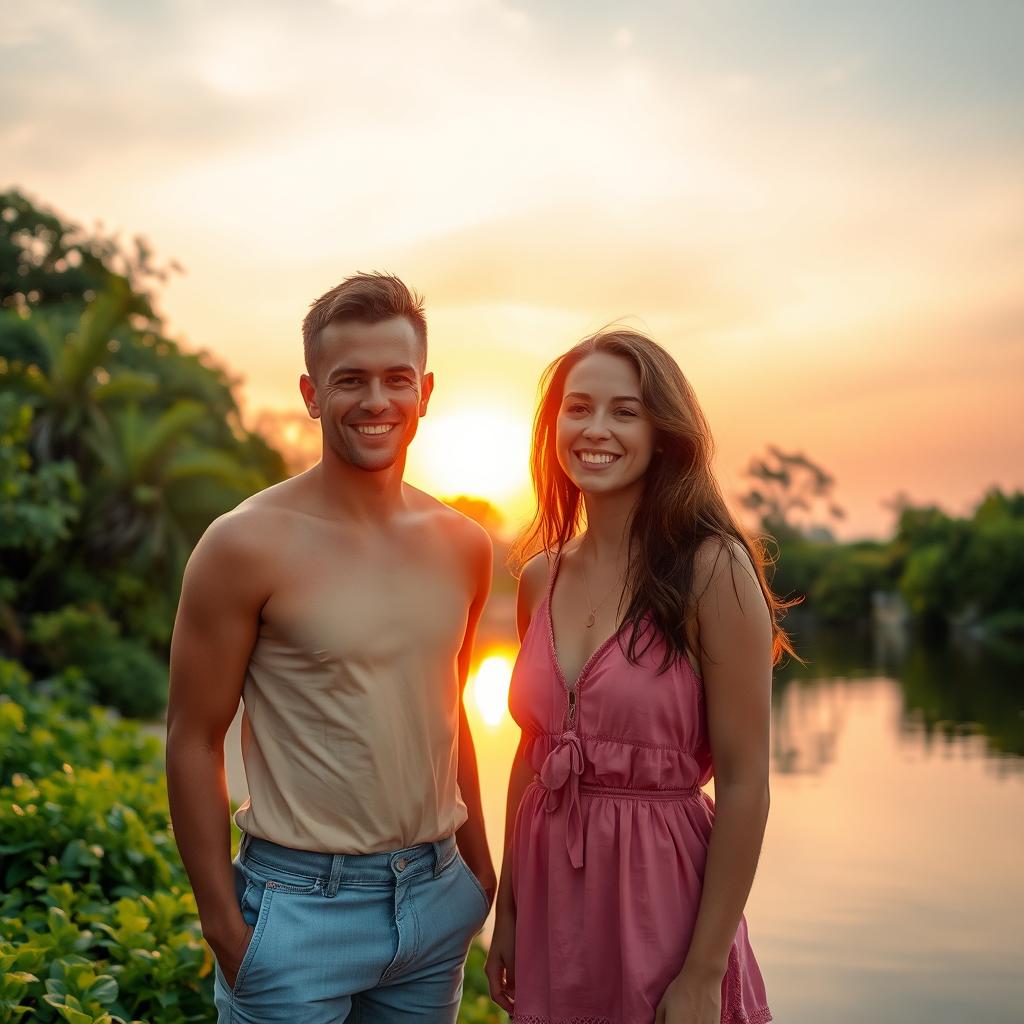 A serene and beautiful scene of two light-skinned individuals standing by a picturesque lakeside at sunset
