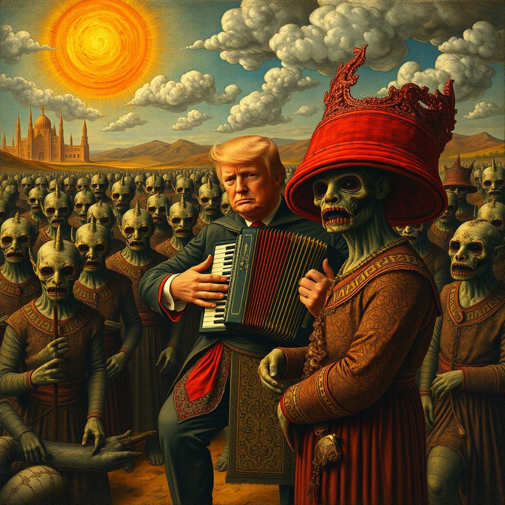 A vast, bizarre landscape featuring an evil version of Trump playing an accordion