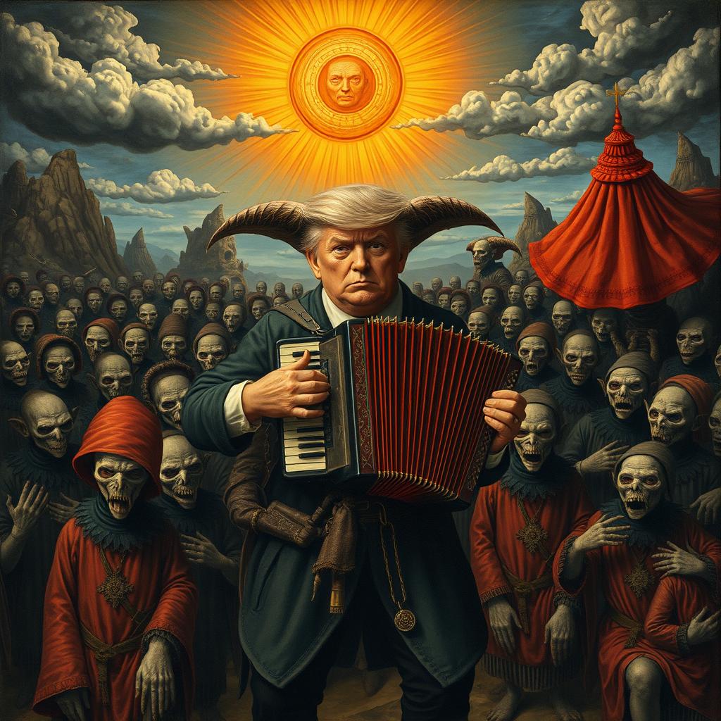 A vast and bizarre landscape featuring an evil-looking character reminiscent of Trump playing an accordion