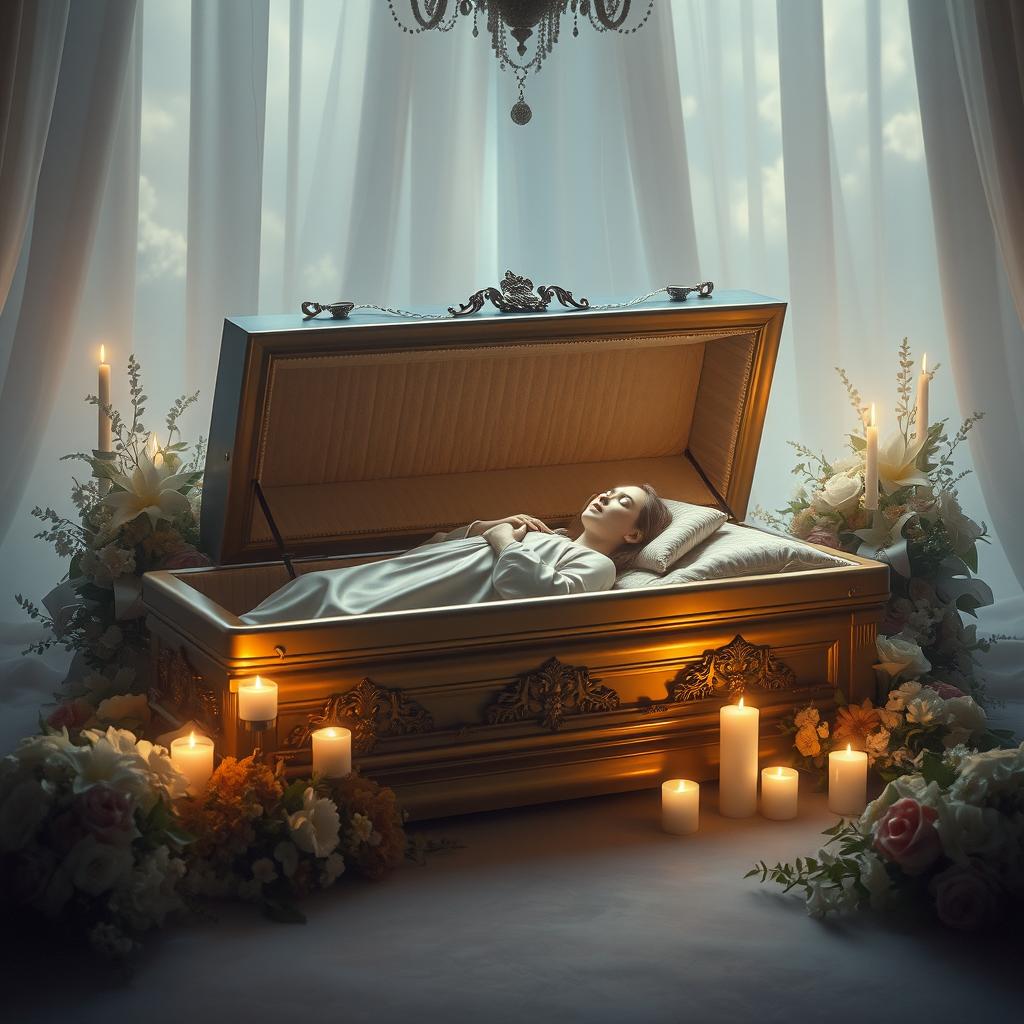 A solemn yet artistic scene depicting a richly decorated coffin in an elaborate setting