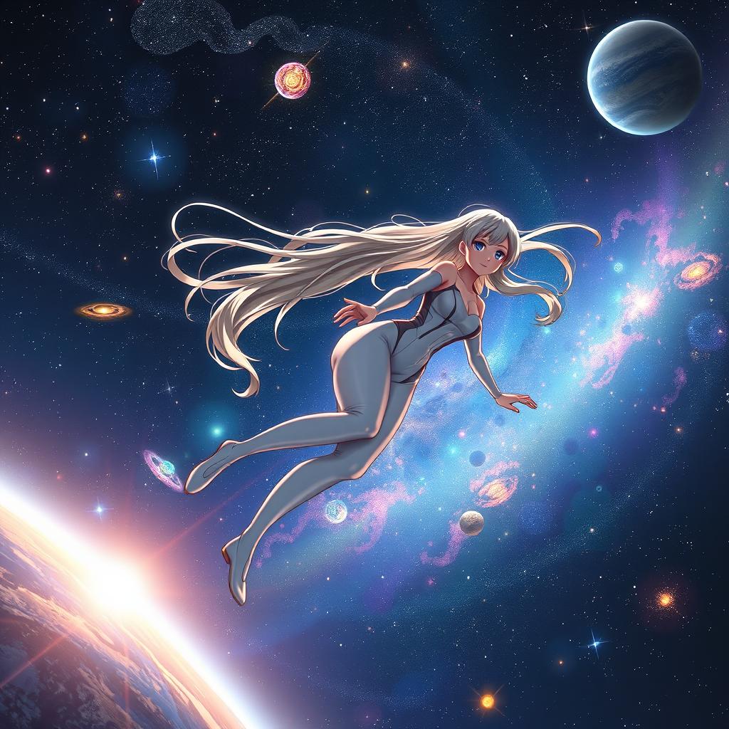 A realistic depiction of a girl gracefully floating in the vastness of space, surrounded by a stunning array of stars and colorful nebulae