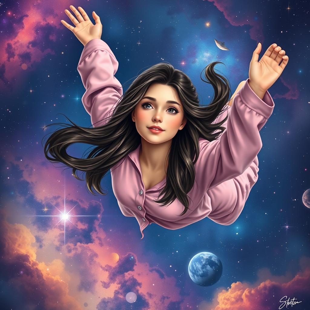 A realistic depiction of a young woman floating gracefully in the vastness of space, wearing cozy and colorful pajamas