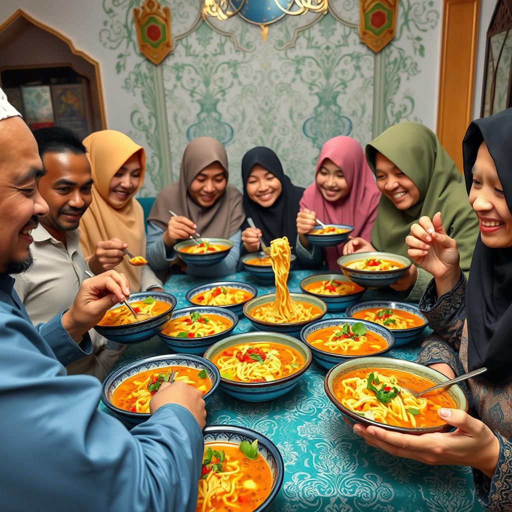 A vibrant scene of a group of diverse Muslims enjoying a meal together, sharing bowls of delicious nasi kerabu noodles soup