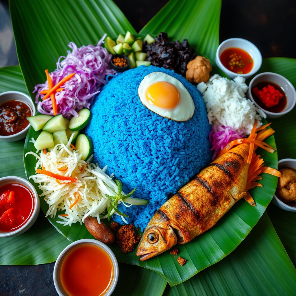 A beautiful arrangement of nasi kerabu, featuring fragrant blue rice colored naturally with butterfly pea flowers, served with a variety of colorful sides