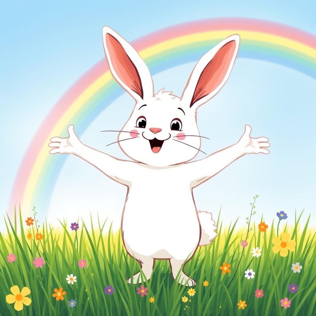 A delighted little white rabbit standing on green grass with its arms wide open in a joyful pose, portrayed in the whimsical and illustrative style of Jon Klassen