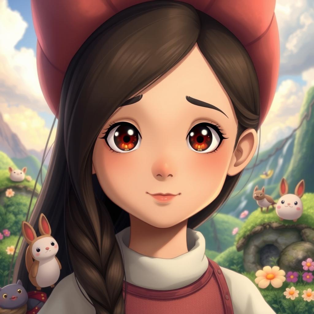 A character with the same face and appearance as before, yet depicted in the enchanting and whimsical style of Studio Ghibli