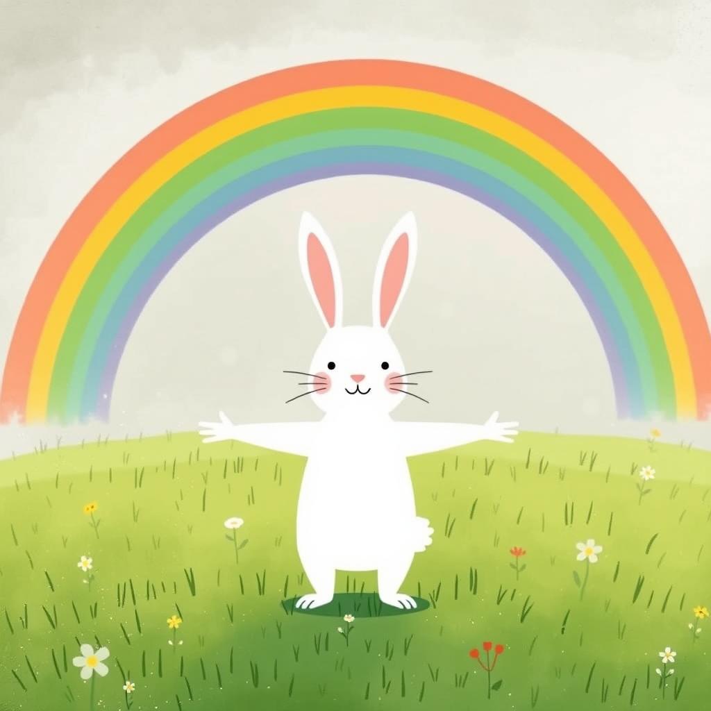 A cheerful little white rabbit standing with arms wide open on a lush green meadow, under a vibrant rainbow in the sky