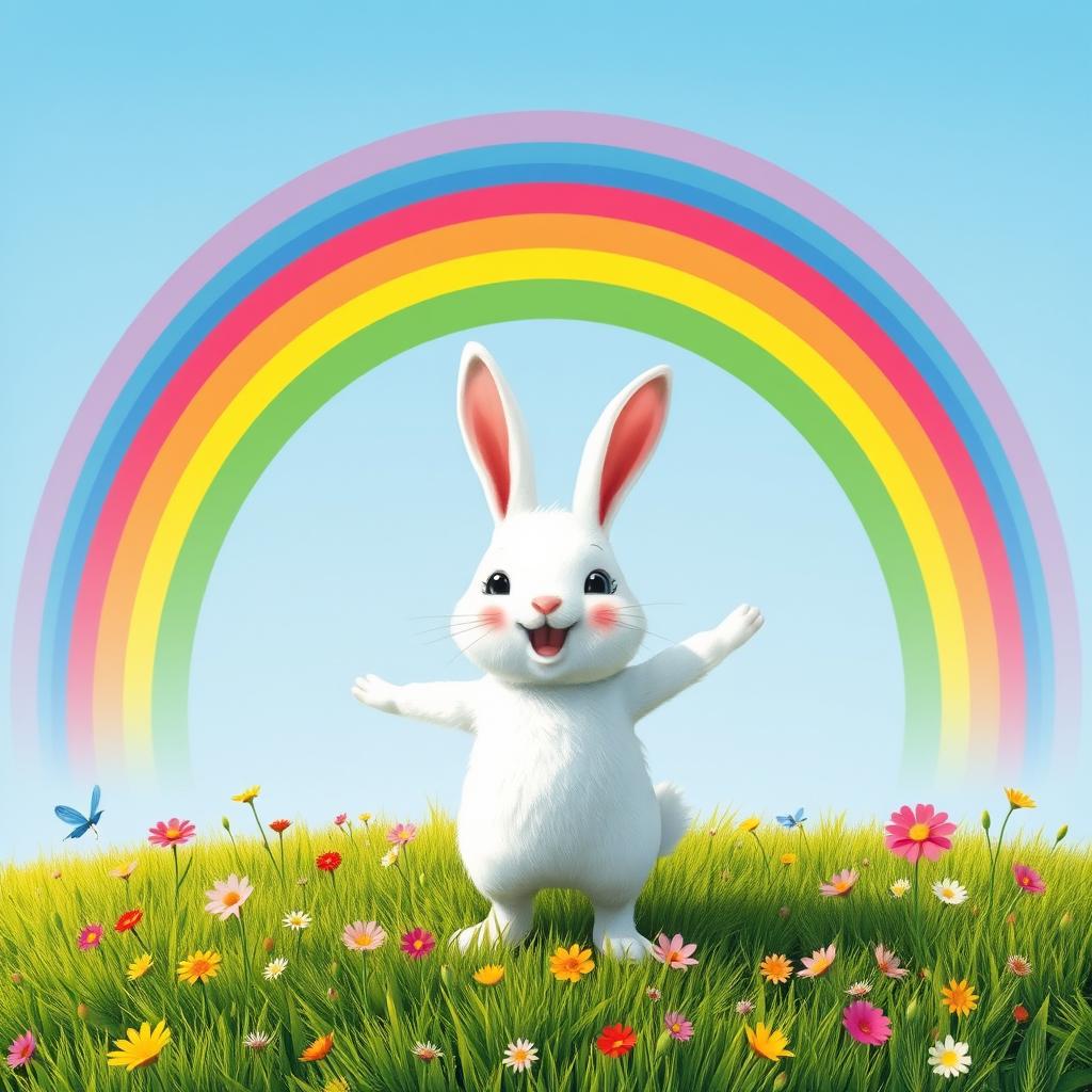 A joyful little white rabbit standing on green grass with its arms wide open, celebrating spring in the whimsical style of Jon Klassen