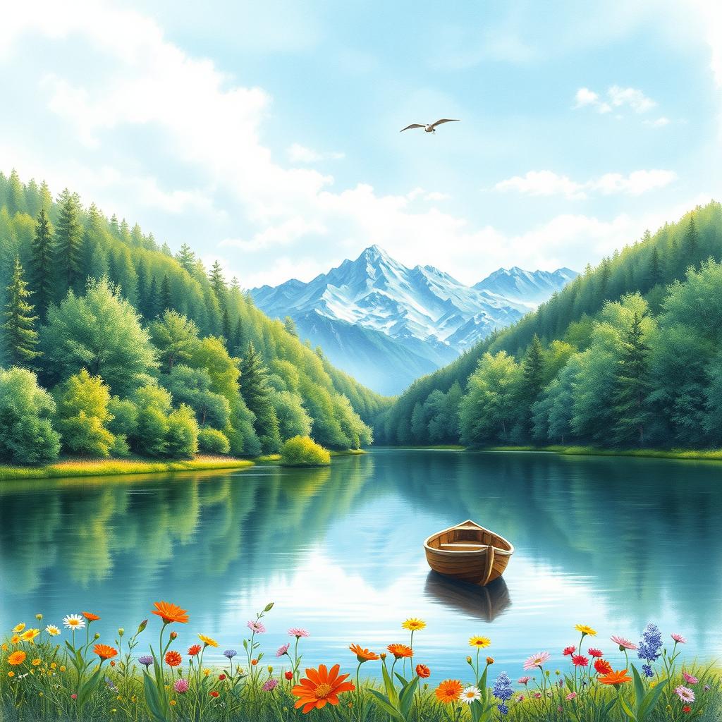 A realistic drawing of a serene landscape featuring a tranquil lake surrounded by lush green forests under a clear blue sky