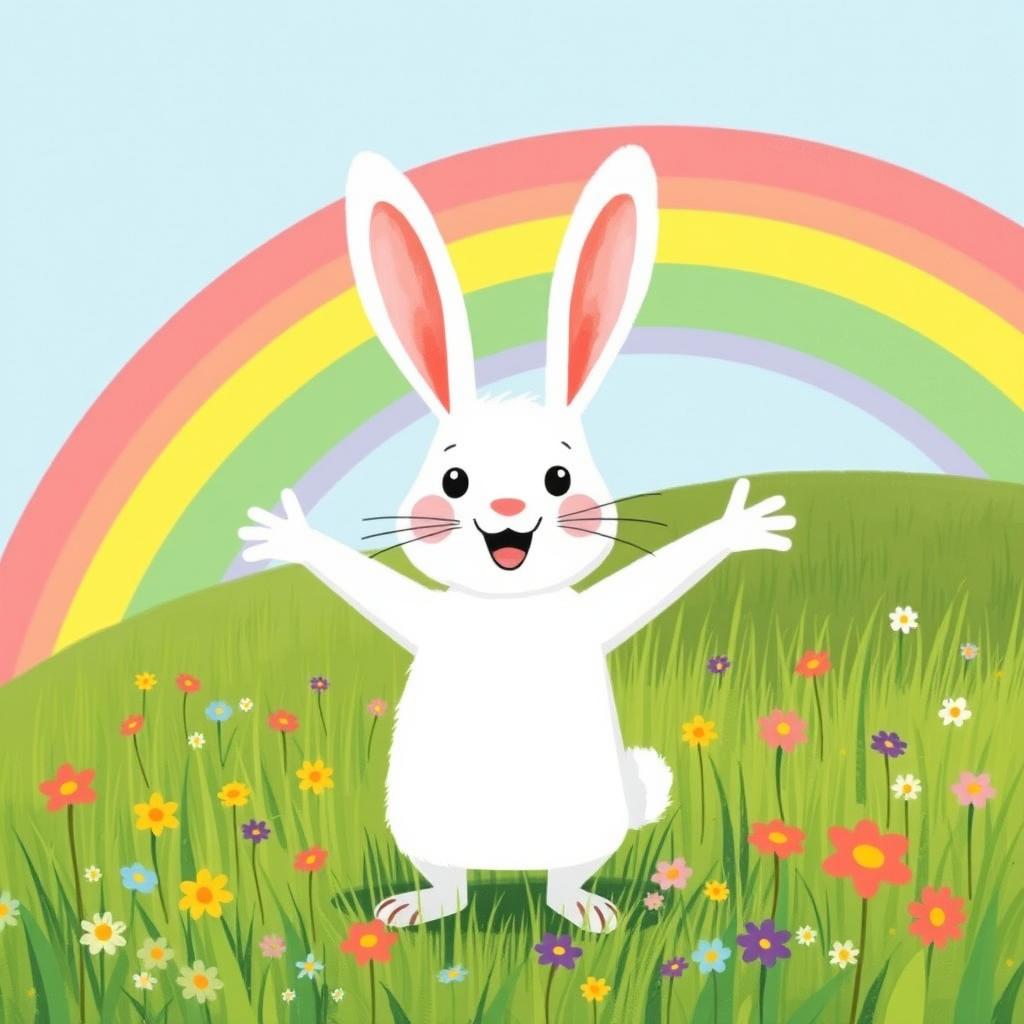 A cheerful little white rabbit standing on green grass with its arms wide open, embodying happiness in spring, depicted in the charming style of Jon Klassen