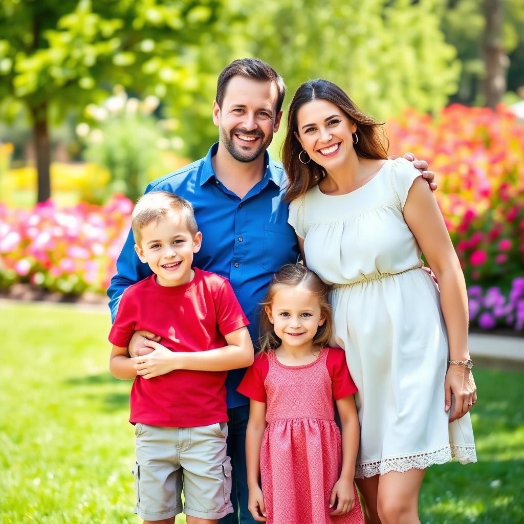 A warm and cheerful family portrait featuring four members: a father and mother with bright smiles, standing together beside their two children, a boy and a girl