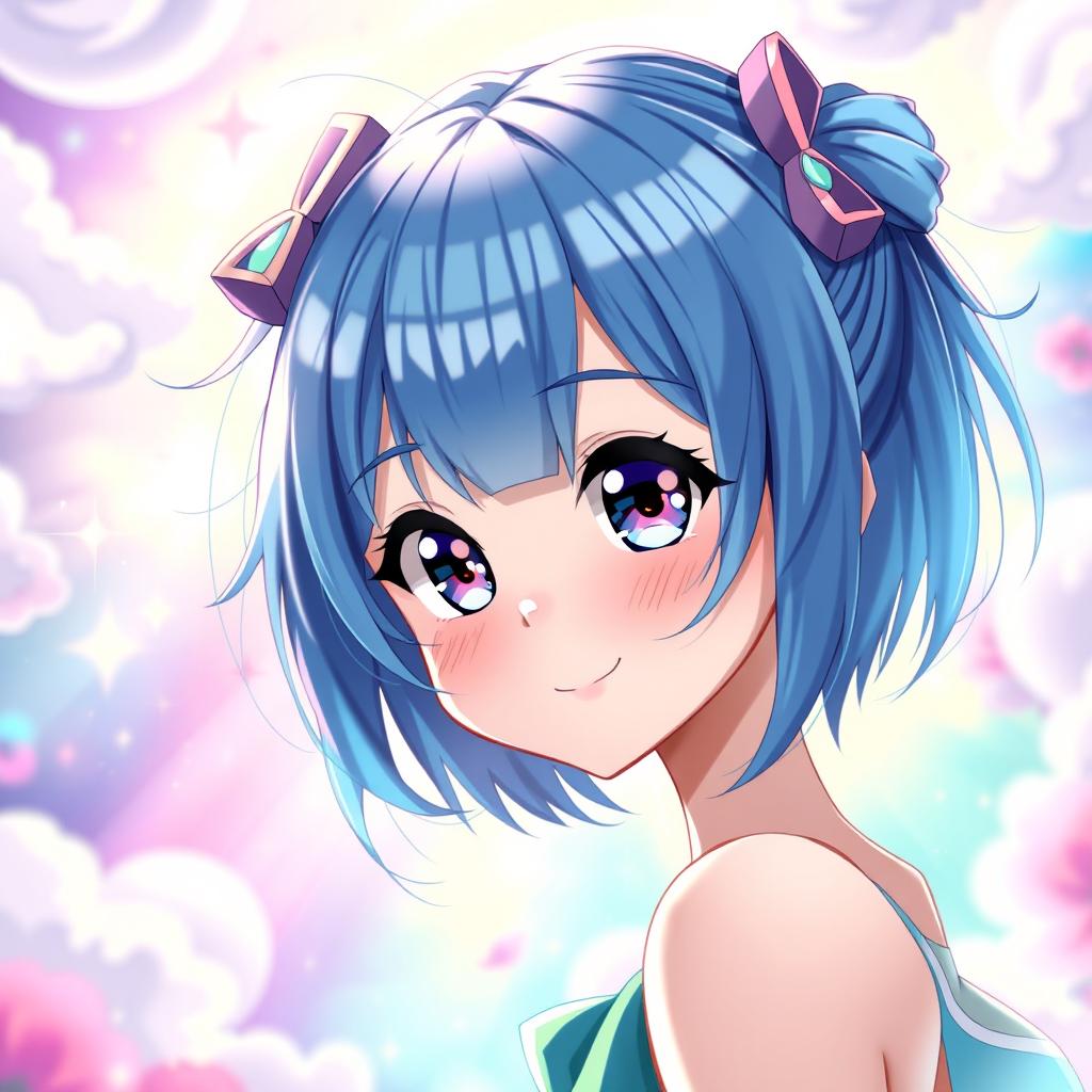 A vibrant digital artwork featuring a blue-haired anime girl with striking features