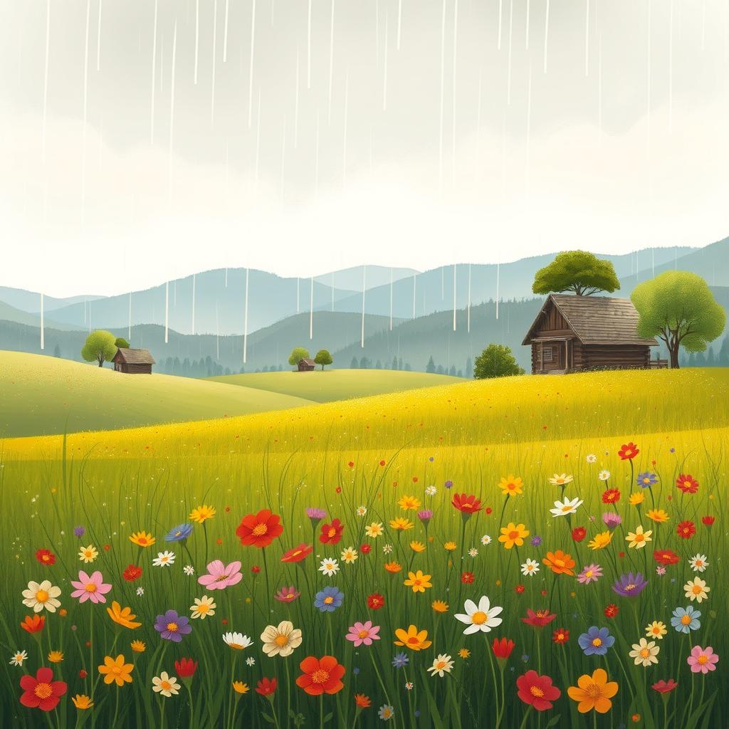 A serene spring landscape after rain, featuring distant hills adorned with a few trees and charming small wooden cabins