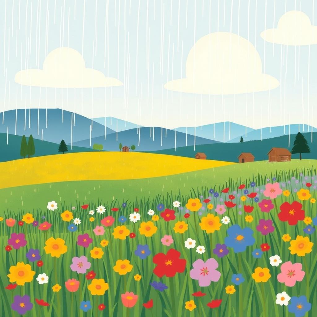 A picturesque spring scene after a rain, featuring distant hills with a few trees and small wooden cabins