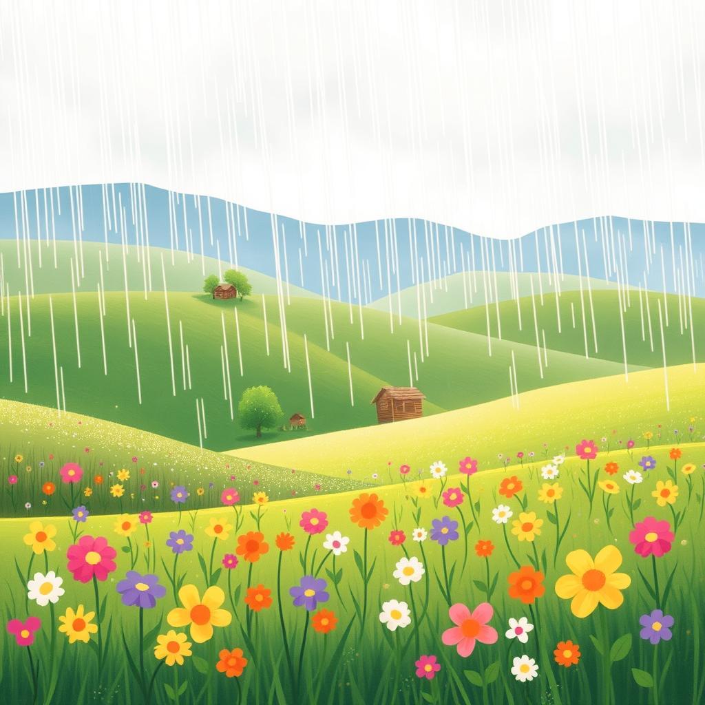 A delightful spring landscape after rain, characterized by rolling hills in the distance adorned with a few trees and several quaint little wooden cabins