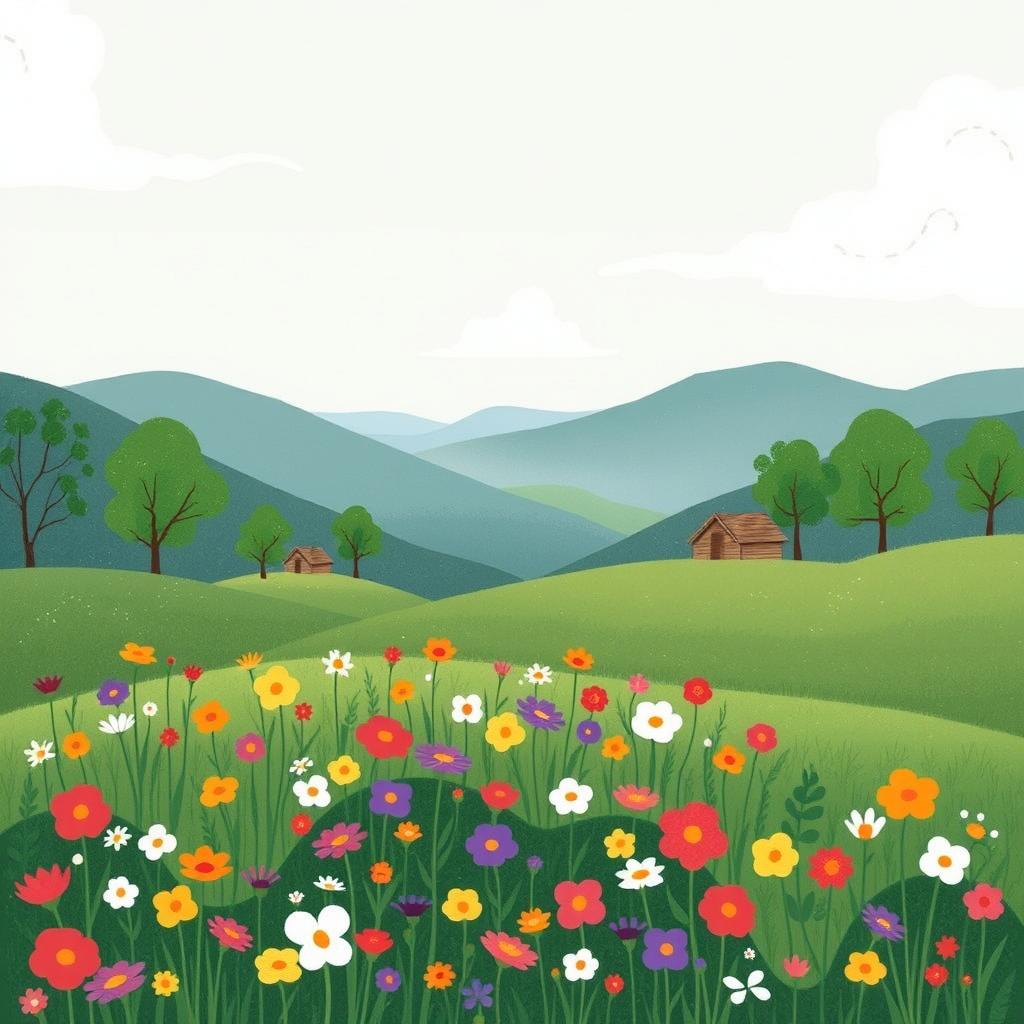 A serene spring landscape featuring distant hills adorned with a few trees and small wooden cabins