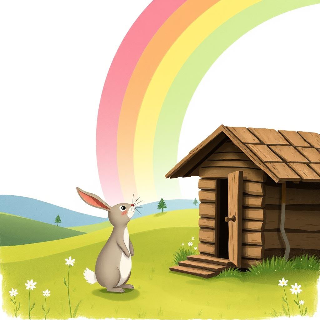 A delightful spring scene featuring a little bunny standing in front of a small wooden cabin, looking up and breathing in the fresh air