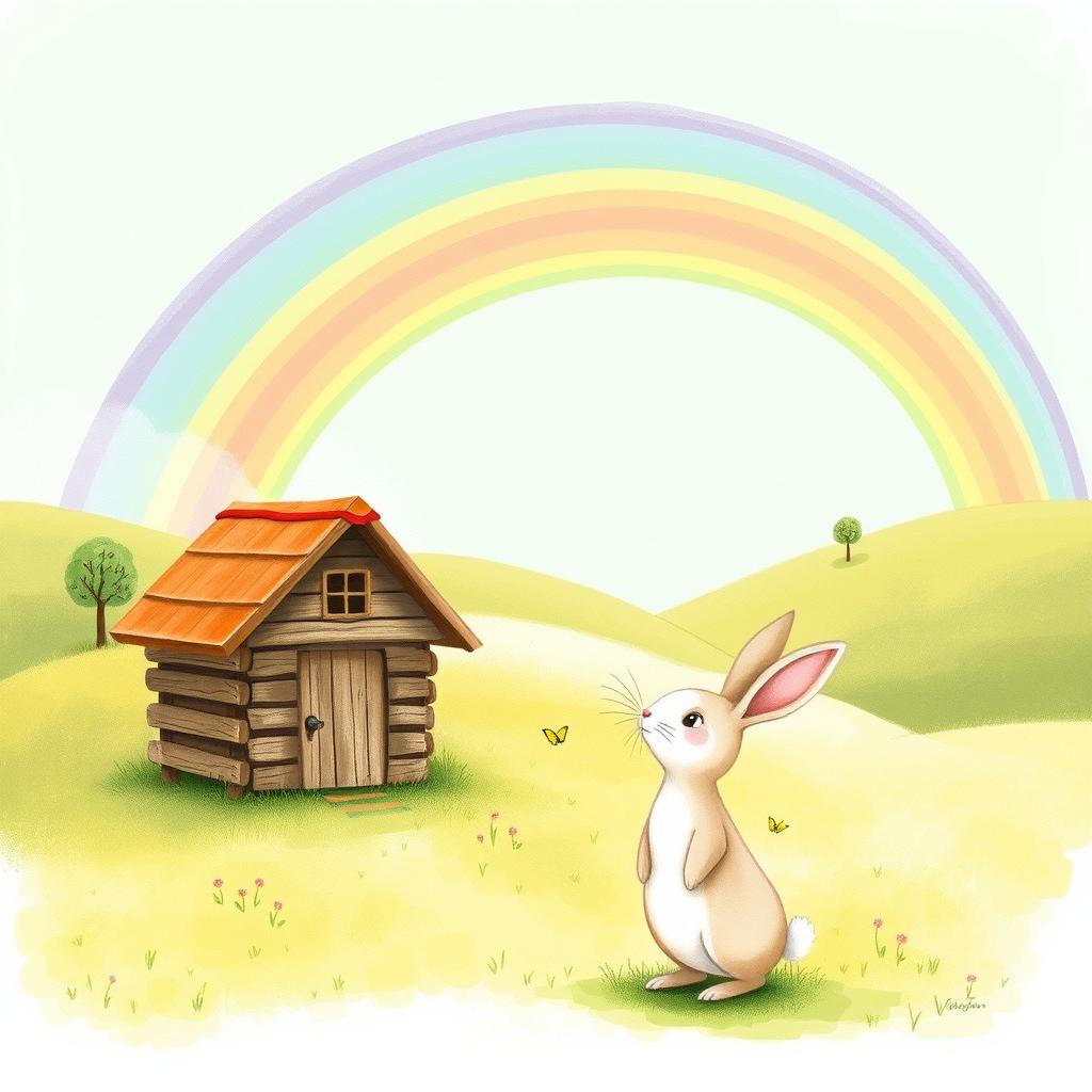 In a delightful spring scene, a small rabbit stands in front of a charming little wooden cabin, gazing up and taking a deep breath of the fresh air