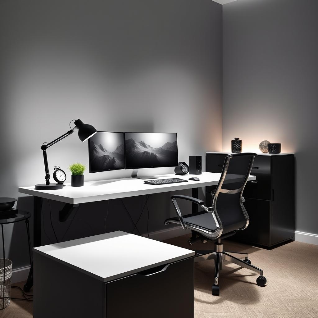 An elegant and modern workspace setup in shades of gray, white, and black, featuring a sleek desk with minimalistic design elements