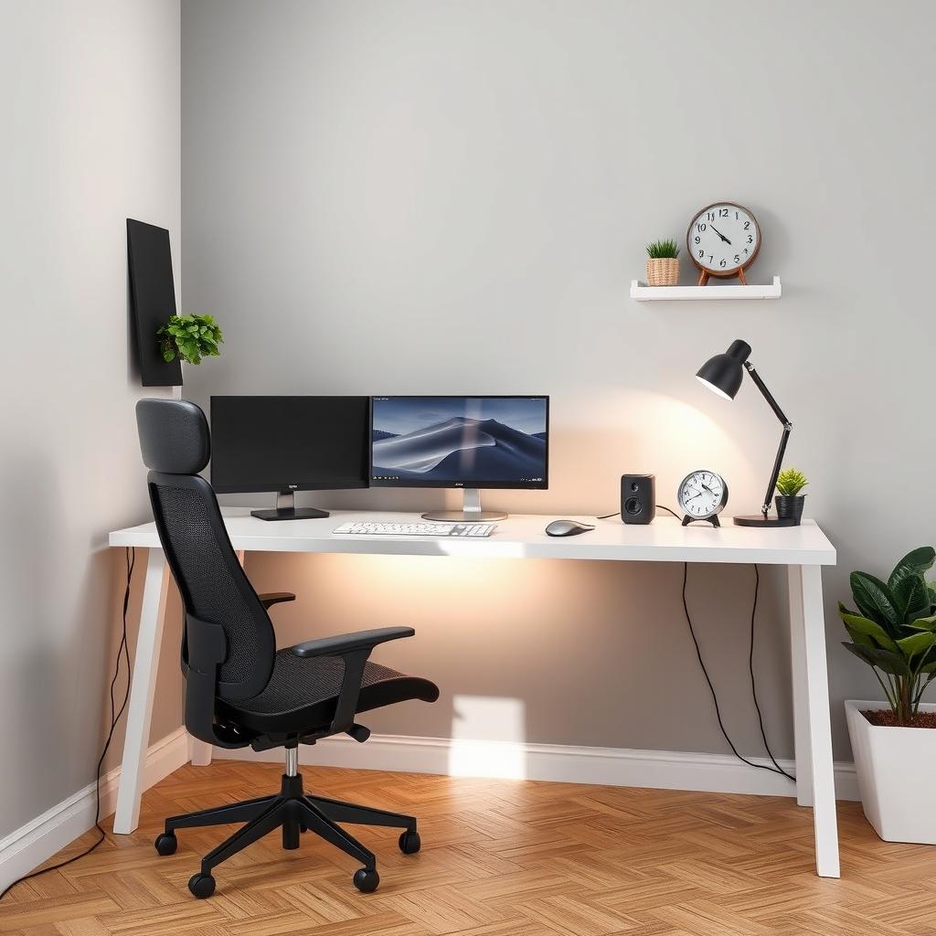 A stylish workspace setup featuring a harmonious blend of gray, white, and black colors