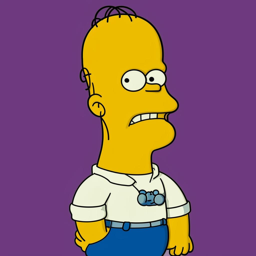 A detailed, colorful caricature of Homer Simpson, with his iconic white shirt, blue pants, round belly, bald head and perpetually surprised expression.