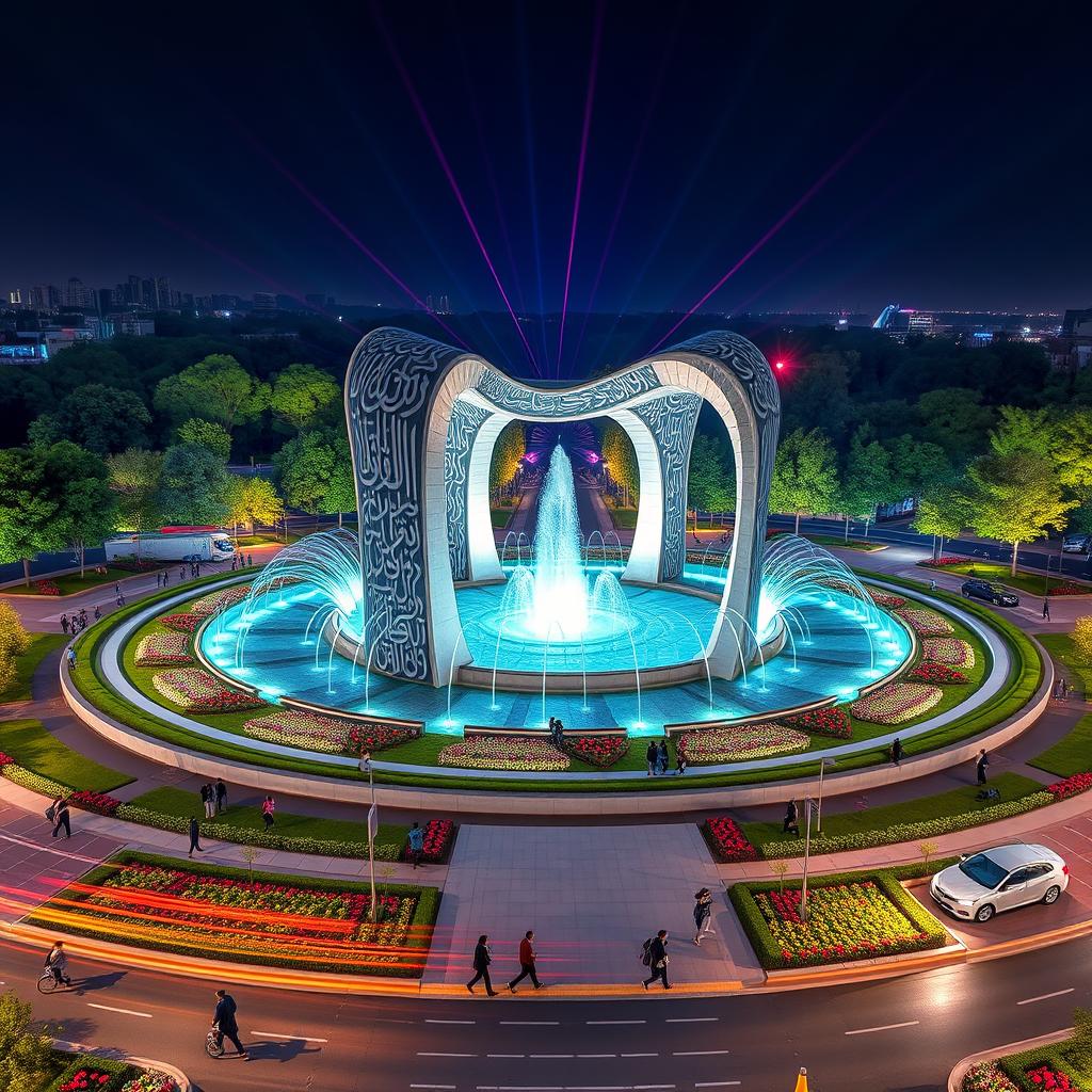 A large circular square in the heart of a city filled with expansive greenery and a variety of colorful flowers