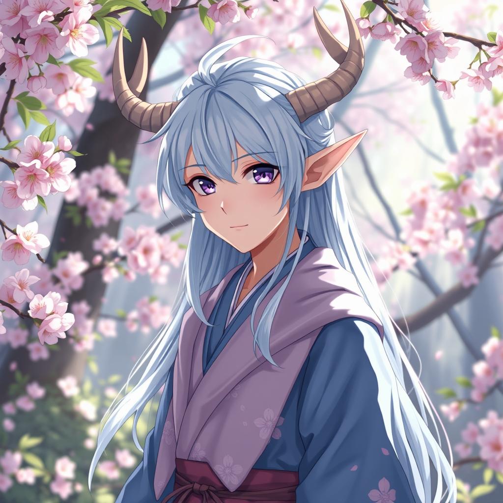 An anime-style young prince elf with long, flowing light blue hair and enchanting lilac eyes, adorned with elegant elk horns
