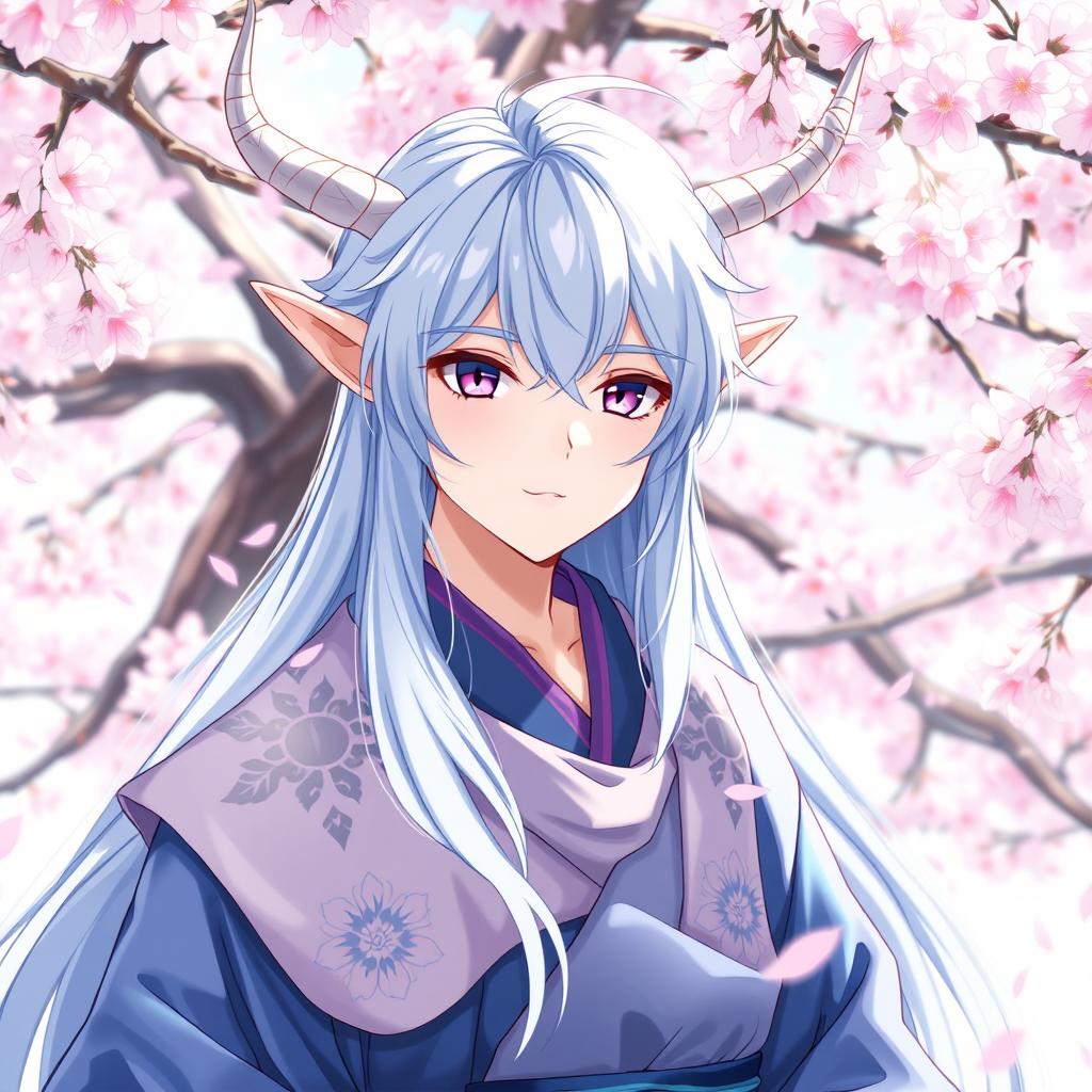 An anime-style young prince elf with long light blue hair cascading down his back, featuring striking lilac eyes and elegant elk horns gracefully protruding from his head