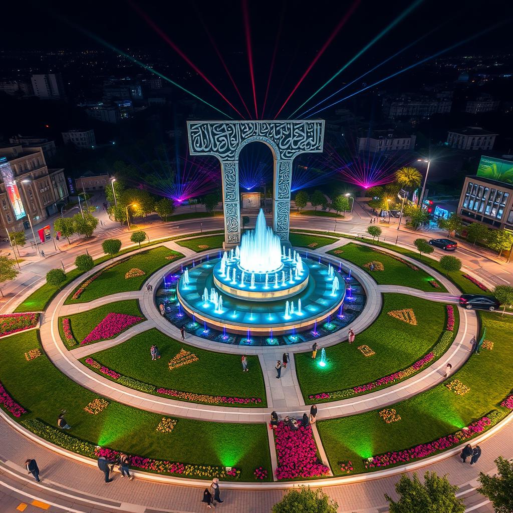 A large circular square in the heart of a city, featuring expansive greenery adorned with a variety of colorful flowers