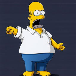 A detailed, colorful caricature of Homer Simpson, with his iconic white shirt, blue pants, round belly, bald head and perpetually surprised expression.