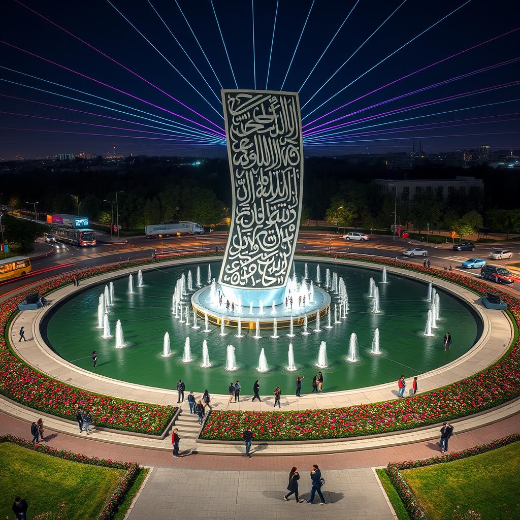 A large circular square in the heart of a city with expansive greenery featuring a variety of colorful flowers
