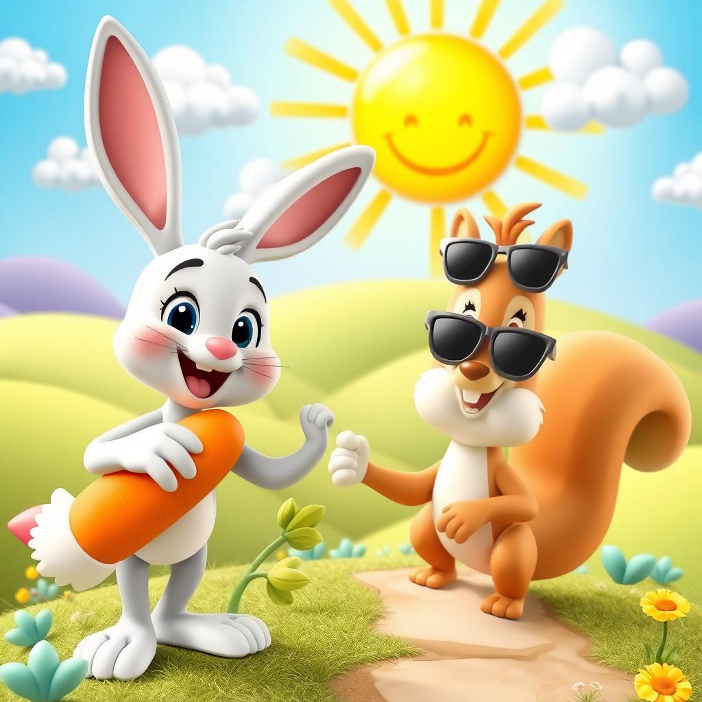 A vibrant and colorful 3D cartoon scene featuring a whimsical landscape with rolling hills and fluffy clouds