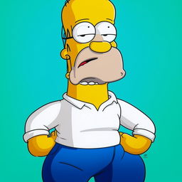 A detailed, colorful caricature of Homer Simpson, with his iconic white shirt, blue pants, round belly, bald head and perpetually surprised expression.