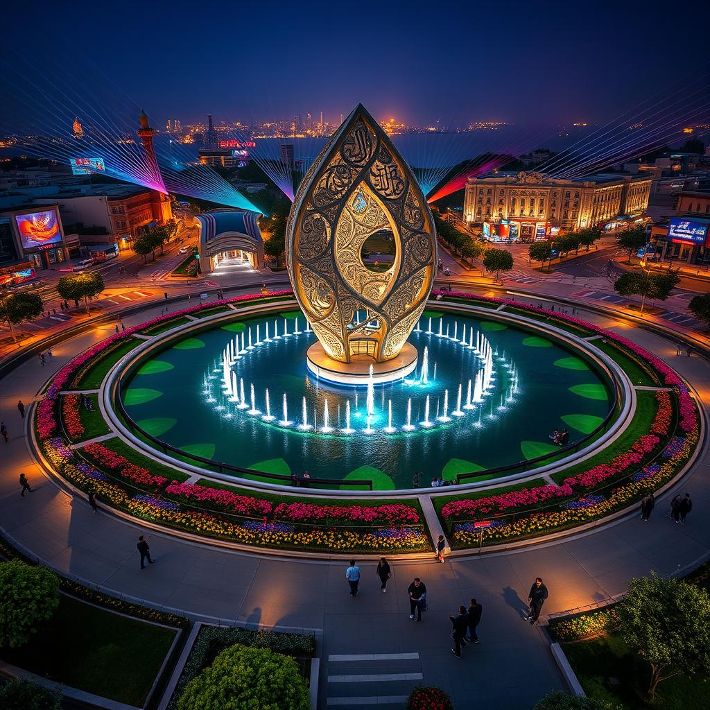 A large circular plaza at the heart of the city, featuring expansive greenery with a variety of colorful flowers