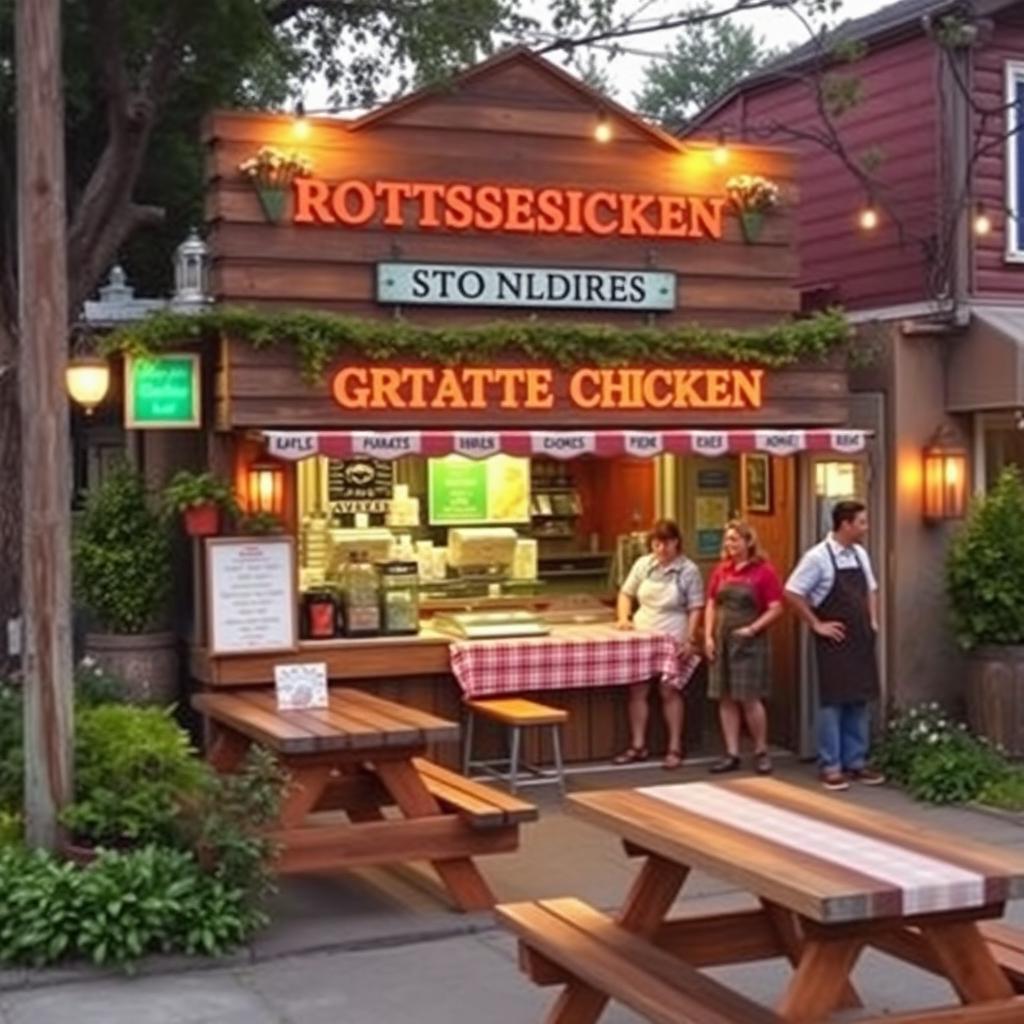 A charming, vintage-style rotisserie chicken stand at the corner of a simple neighborhood, featuring rustic wooden accents, warm ambient lighting, and cozy seating arrangements