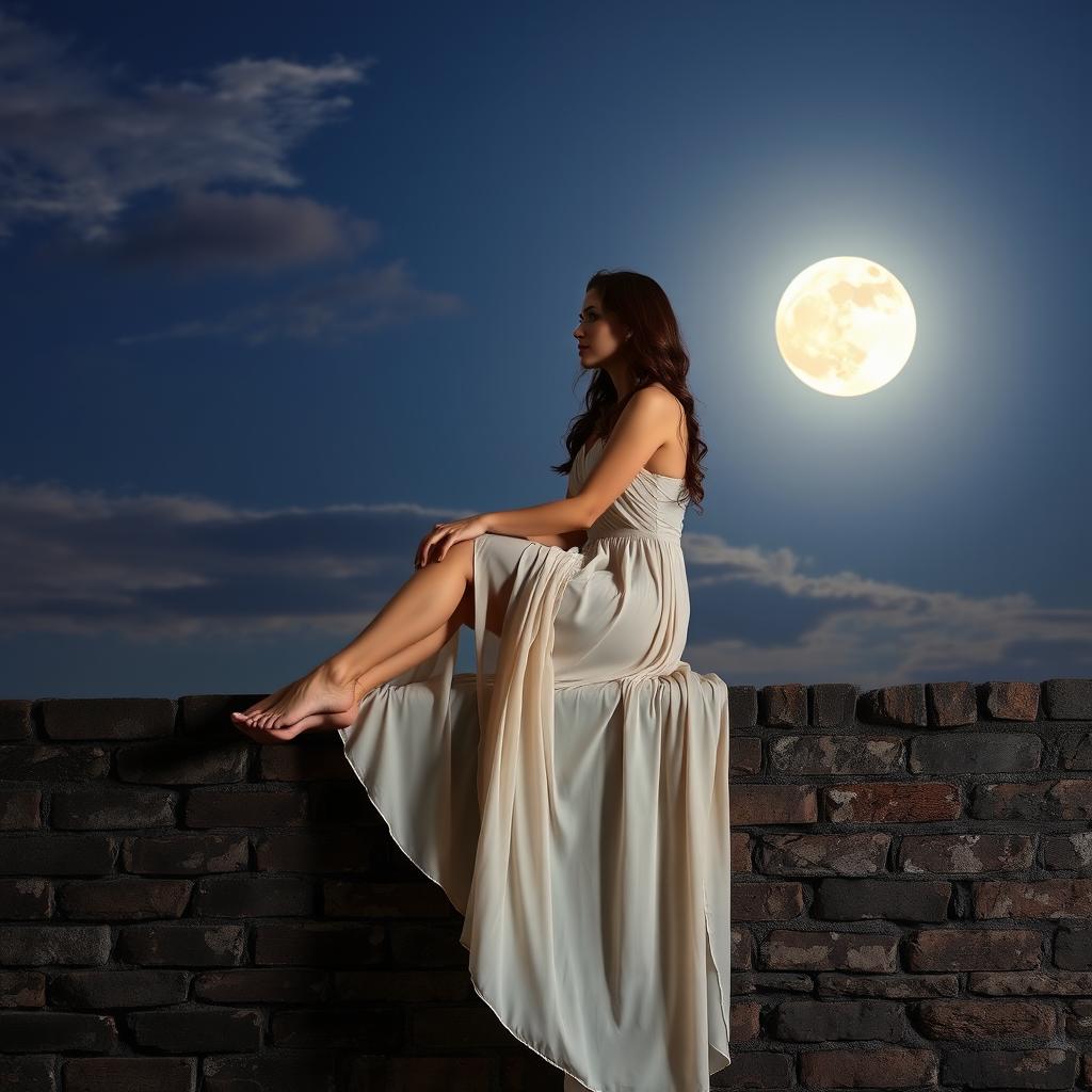 A serene scene of a woman gracefully sitting on an old brick wall, her legs crossed elegantly