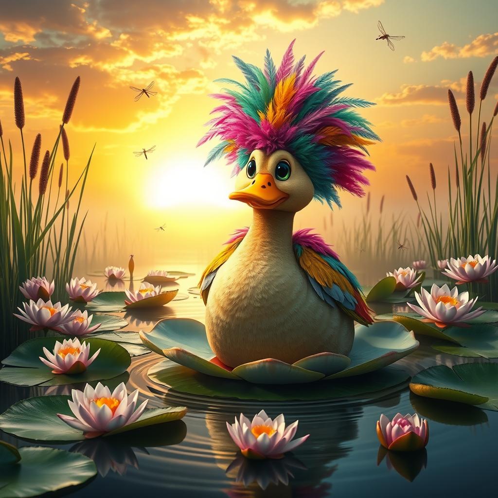 A surreal scene of a whimsical duck wearing a colorful, extravagant feathered costume, sitting atop a lily pad in a tranquil pond surrounded by blooming water lilies and tall reeds, with a sunset casting warm golden hues across the sky, creating a magical atmosphere