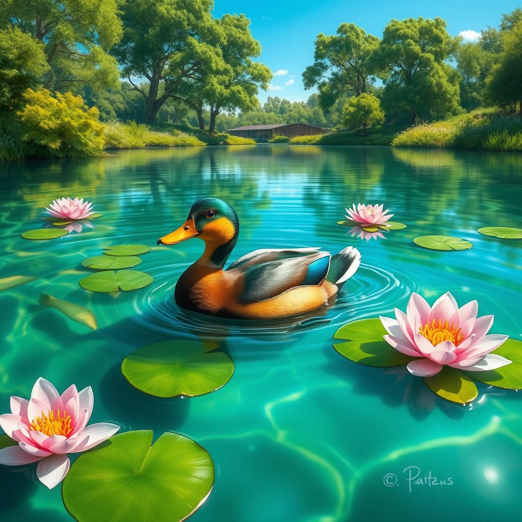 An artistic portrayal of a charming duck (pato) swimming gracefully in a serene lake surrounded by lush greenery