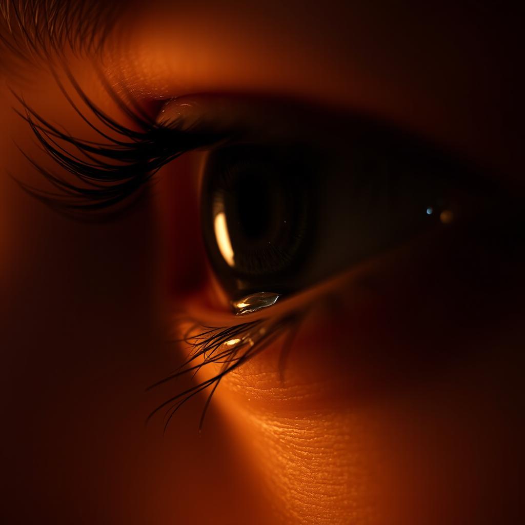 A close-up of a single eye with tears rolling down, capturing the emotion and depth in the eye