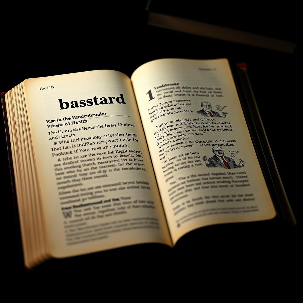 A stylized image of an open dictionary featuring a detailed entry on the word 'bastard'