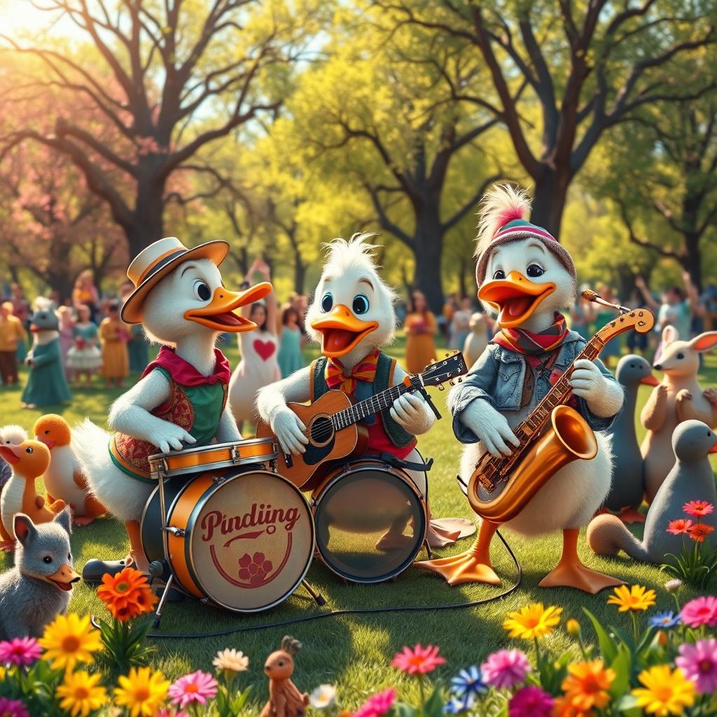A whimsical and lively scene depicting a band of anthropomorphic ducks performing music together in a vibrant park