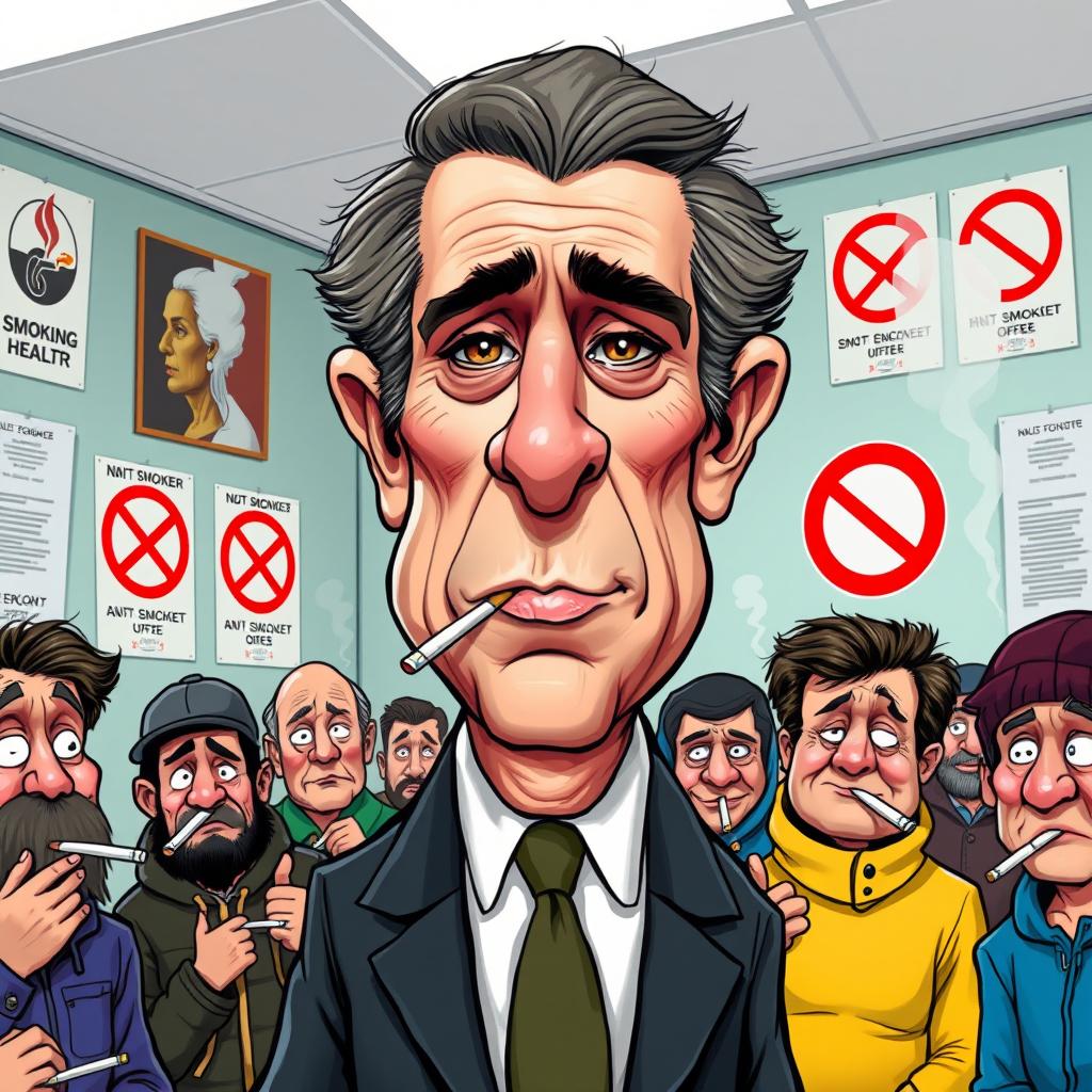 A caricature of a political figure resembling a minister of health with the surname Vandenbroucke, who is depicted with exaggerated features to emphasize a strong dislike for smoking